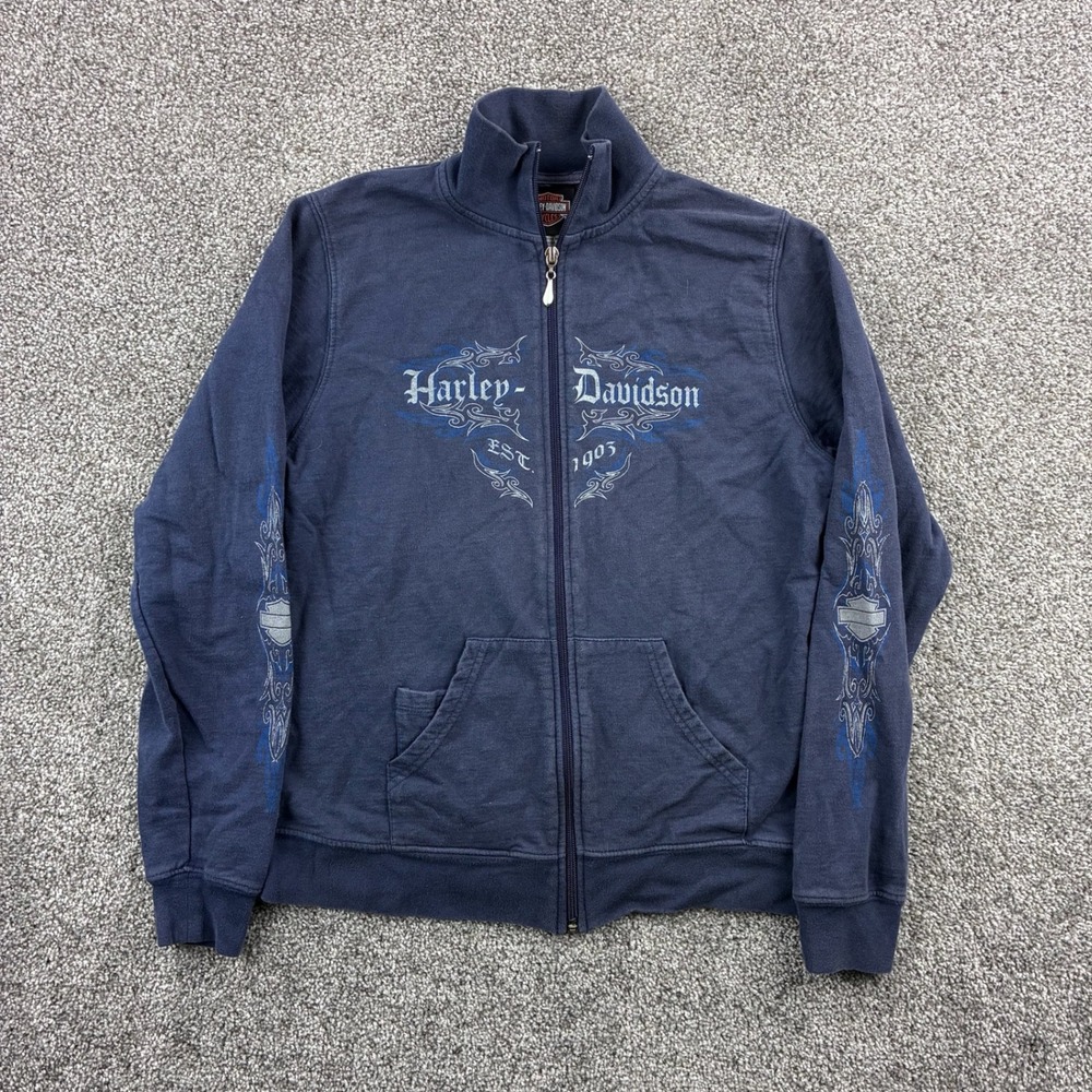 Y2K Harley Davidson Sweatshirt Women's Medium Navy Cotton Graphic Biker Full Zip
